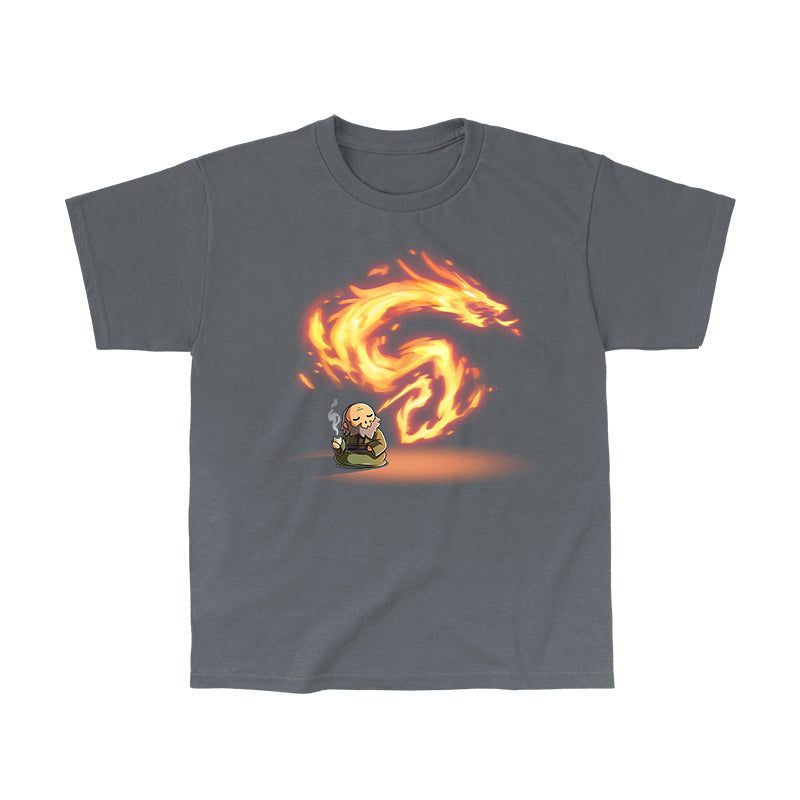 Classic Cotton T-shirt_TeeTurtle charcoal gray The Dragon of the West Classic Cotton T-shirt featuring Iron from Avatar: The Last Airbender who is sitting peacefully on the floor drinking tea and exhaling fire in the shape of a dragon.