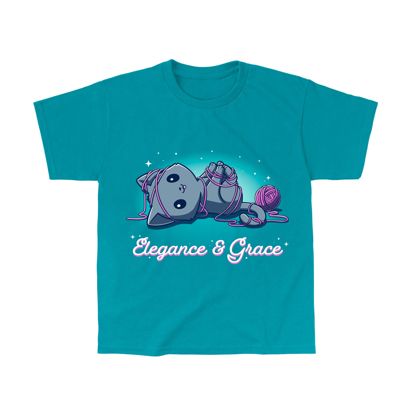 Classic Cotton T-shirt_TeeTurtle Elegance & Grace Tropical Blue t-shirt featuring a silly kawaii kitty wrapped up in pink yarn with its tongue sticking out.