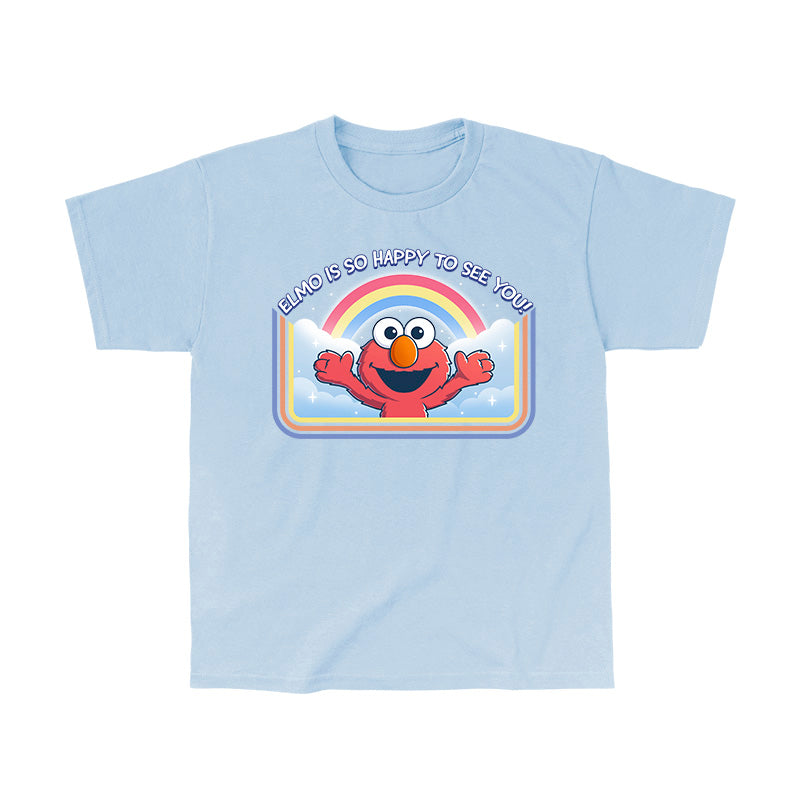 Classic Cotton T-shirt_TeeTurtle light blue Elmo Is So Happy To See You Classic Cotton T-shirt featuring Elmo from Sesame Street. He's smiling and has his arms wide as if he's going in for a hug. There's a rainbow and clouds behind him and there is a retro style border along the sides and bottom. At the top is the text "Elmo Is So Happy To See You."