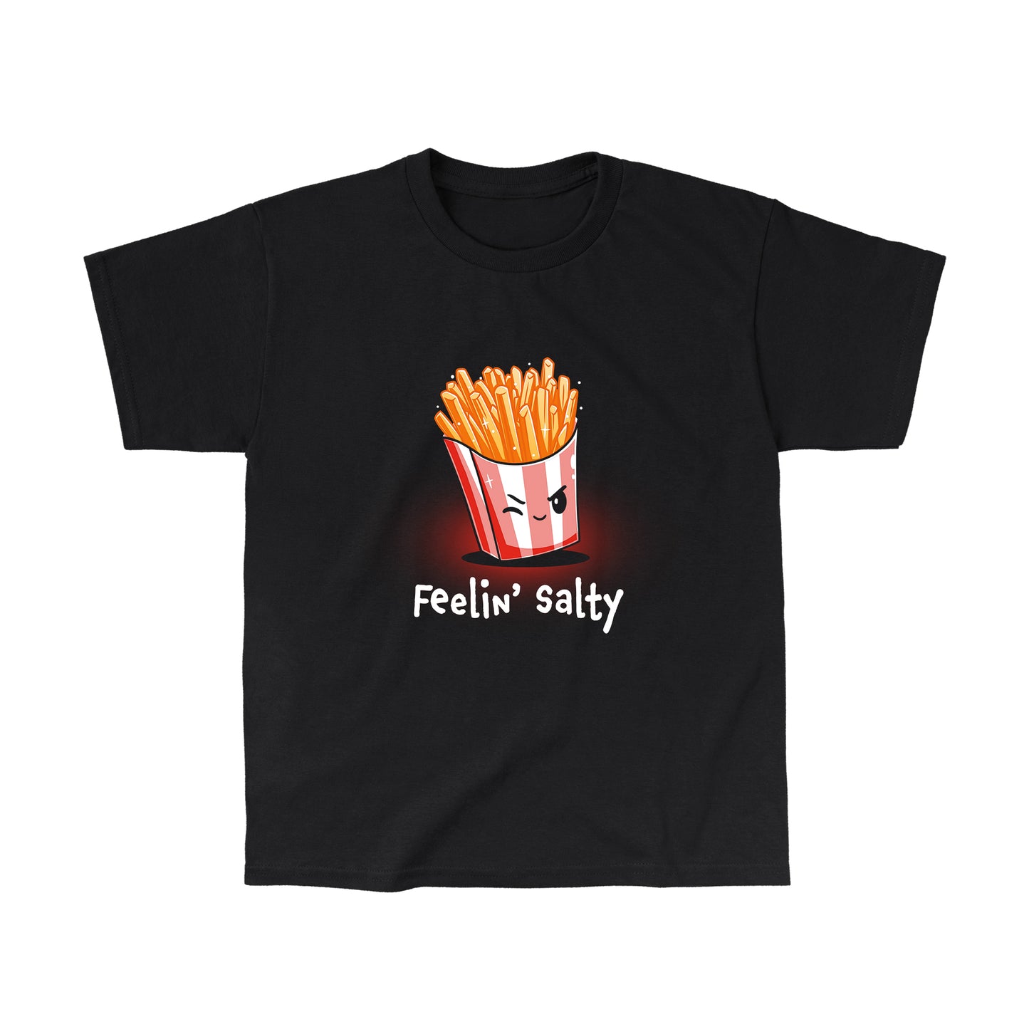 Classic Cotton T-shirt_Teeturtle black Feelin' Salty apparel featuring french fries in a red and white striped container with a winking face, and the text "Feelin' Salty" underneath.