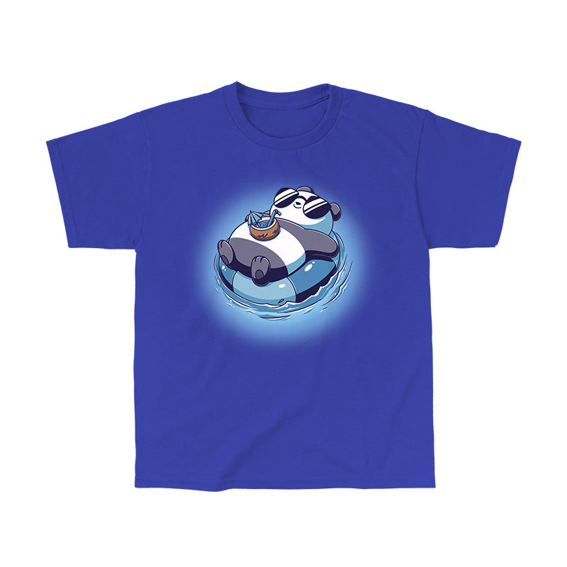 Classic Cotton T-shirt_Teeturtle Float Panda Royal Blue featuring a chill Panda in sunglasses relaxing on an innertube with a tropical drink and living their best life.