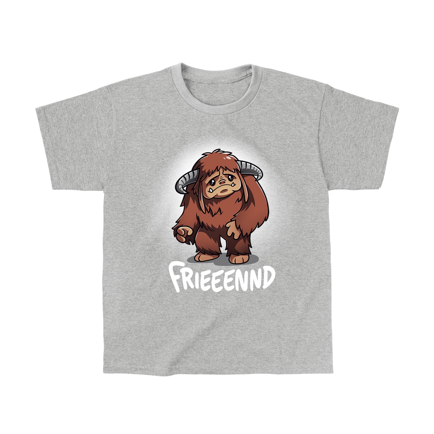 Classic Cotton T-shirt_TeeTurtle heather gray Frieeennd apparel featuring a sad Ludo, with the caption, “Frieeennd“.