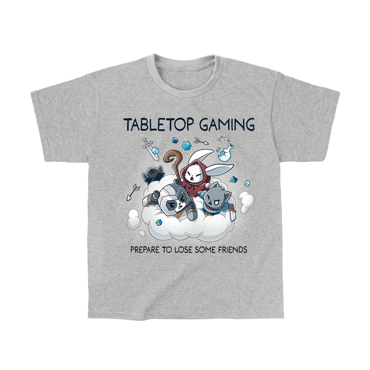 Classic Cotton T-shirt_TeeTurtle Friends or Foes heather gray t-shirt featuring a white bunny in a red hood, a panda wearing a gray helmet and a gray cat holding a sword engaging in a cloud brawl, surrounded by arrows, swords, crystals and a broken jar. Text above reads "TABLETOP GAMING" and below "PREPARE TO LOSE SOME FRIENDS."