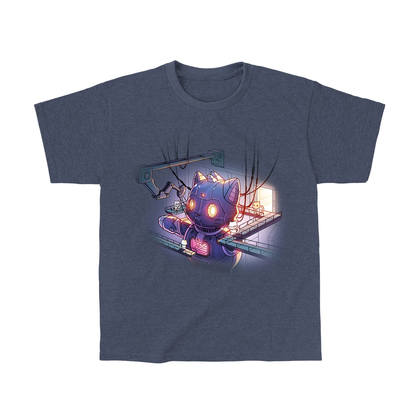 Classic Cotton T-shirt_TeeTurtle heather navy Mega Mech Cat apparel featuring a giant mech cat under construction with several cats in lab coats on the surrounding walkways.