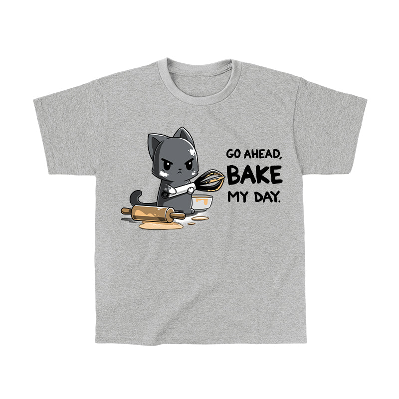 Classic Cotton T-shirt_TeeTurtle Go Ahead Bake My Day Heather Gray t-shirt featuring An angry cartoon cat holding a whisk and covered in dough stands next to a messy rolling pin and bowl with the text "Go Ahead, Bake My Day"