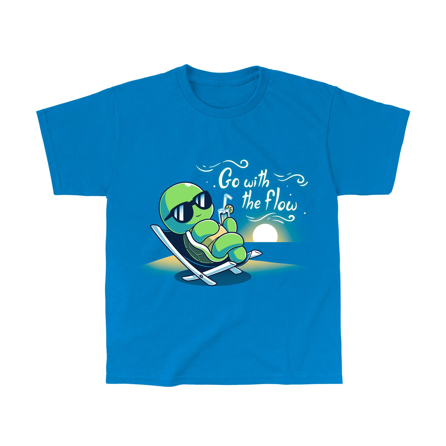 Classic Cotton T-shirt_Teeturtle Go with the Flow Cobalt Blue Featuring a turtle lounging on a beach chair with a tropical drink and sunglasses as the sun sets in the distance with the words 'Go with the Flow' to one side.