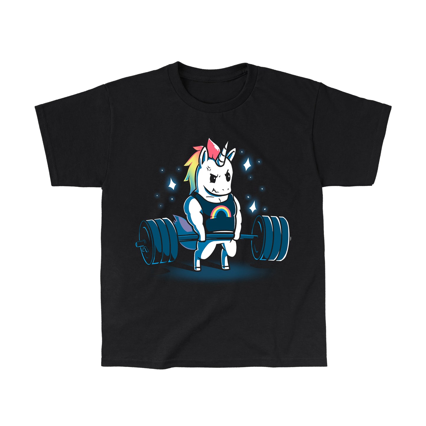 Classic Cotton T-shirt_TeeTurtle Gym Unicorn black t-shirt featuring an illustration of a white unicorn with rainbow hair wearing a black shirt with a rainbow on it lifting weights surrounded by stars.