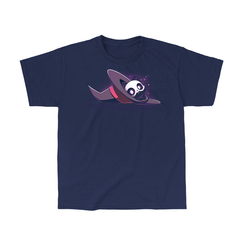 Classic Cotton T-shirt_TeeTurtle navy blue Hocus Purrcus apparel featuring a black cat with a skeleton mask peeking out of a purple witch hat lying on its side.