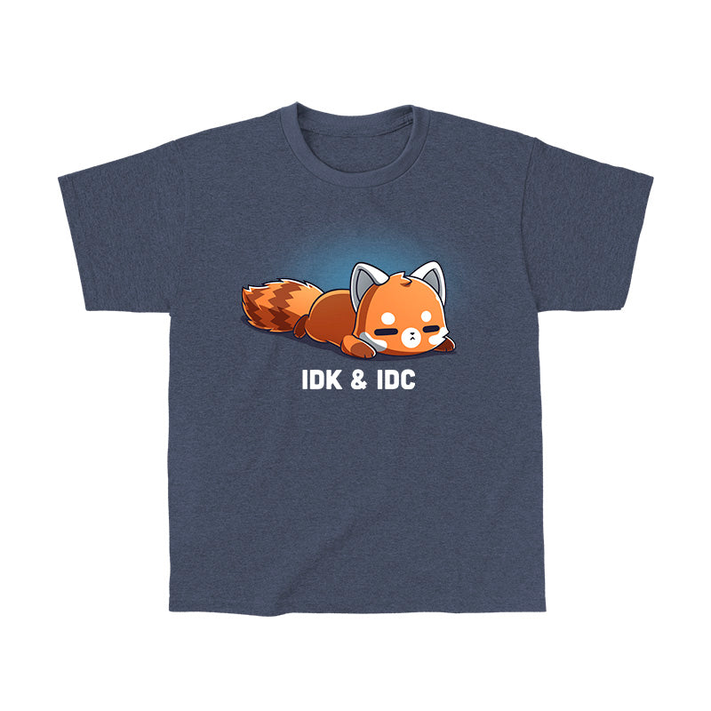 Classic Cotton T-shirt_TeeTurtle heather navy IDK & IDC apparel featuring a red panda lying on its stomach with a deadpan expression.