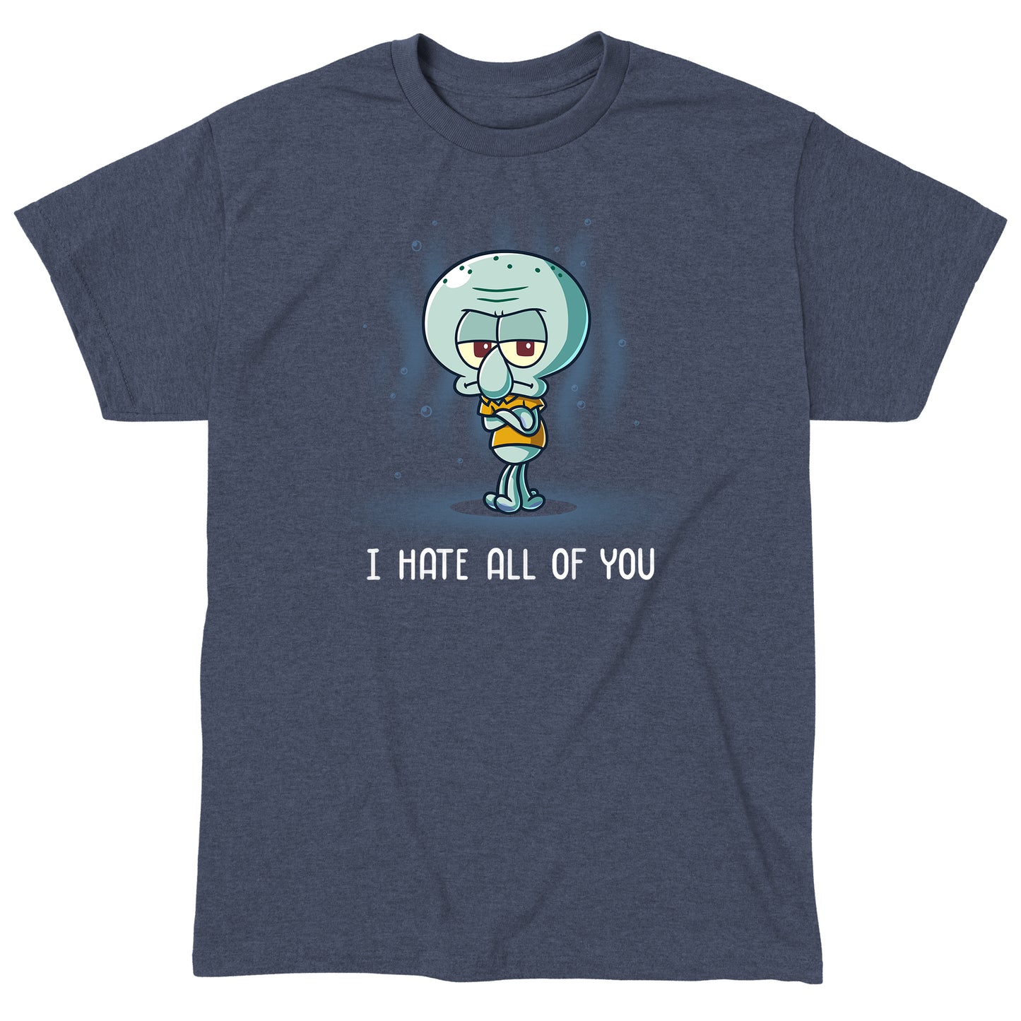 Classic Cotton T-shirt_TeeTurtle heather navy I Hate All of You apparel featuring a grumpy Squidward Tentacles with his arms crossed.