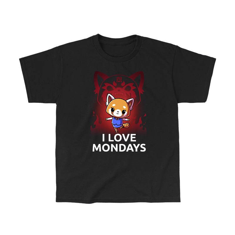 Classic Cotton T-shirt_TeeTurtle black I Love Mondays apparel featuring Retsuko in a happy pose with a red enraged spirit projection of her in the background, and the caption, “I Love Mondays“.