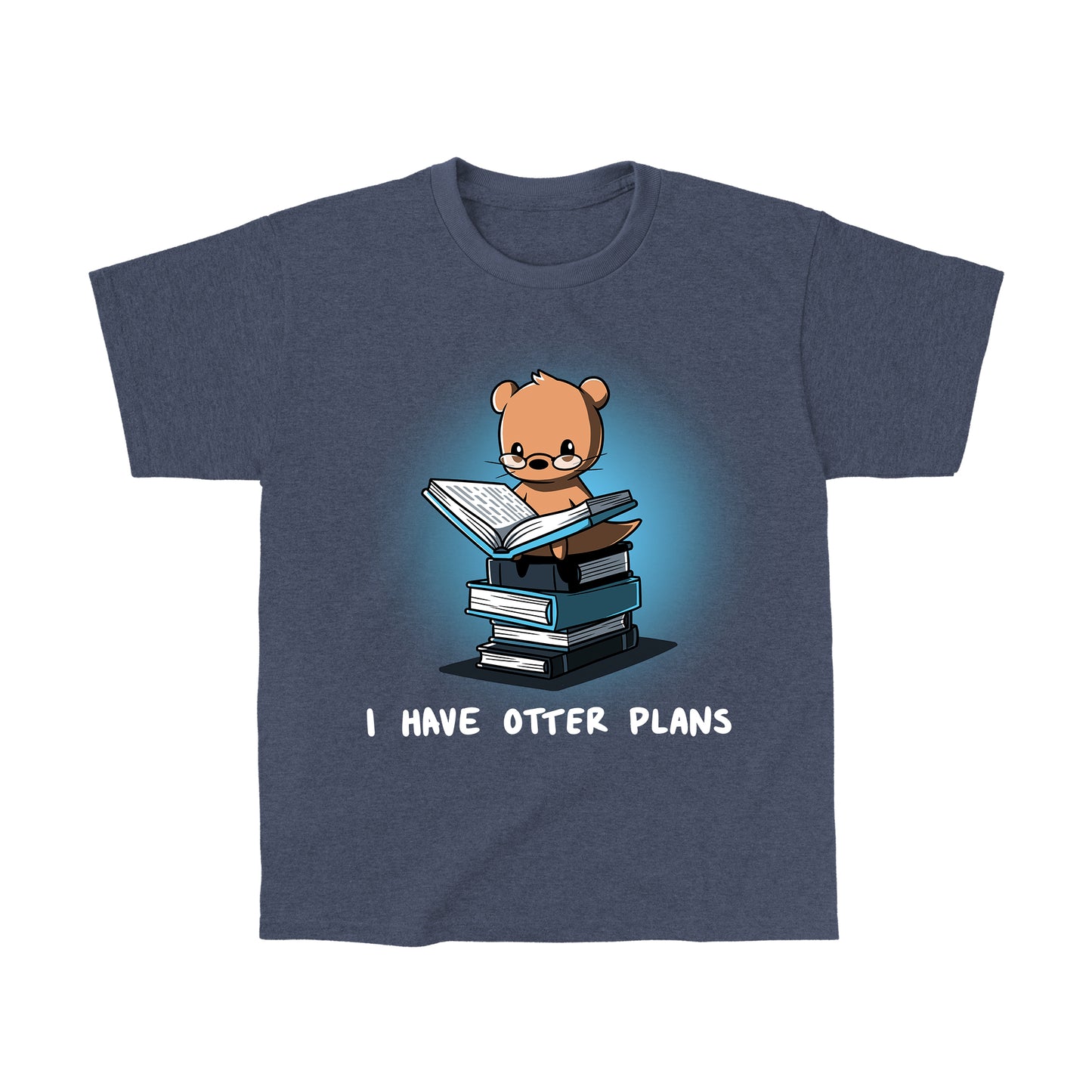 Classic Cotton T-shirt_Teeturtle heather navy I Have Otter Plans apparel featuring a studious-looking otter in reading glasses reading a book while sitting on a pile of books. Caption reads 'I Have Otter Plans'.