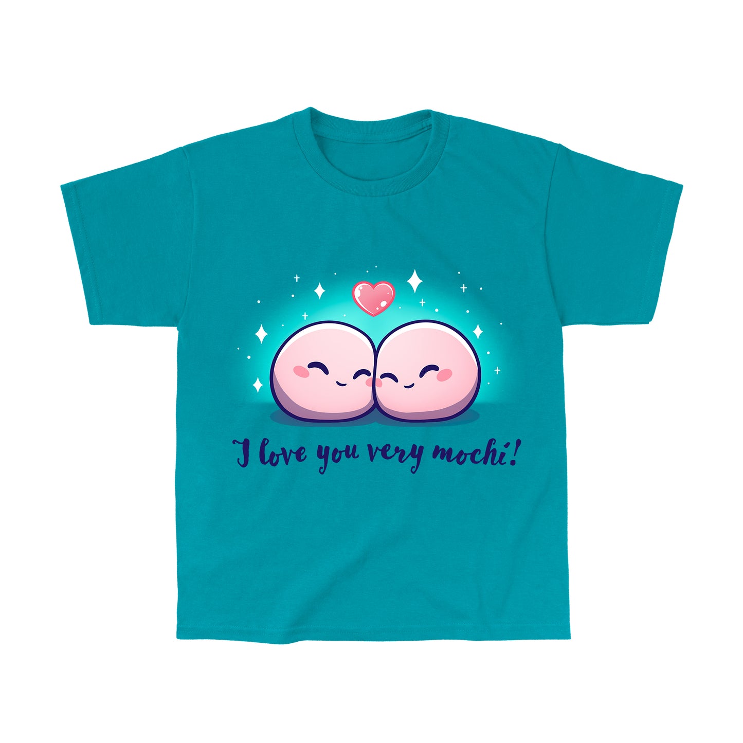 Classic Cotton T-shirt_Teeturtle I Love You Very Mochi! Tropical Blue t-shirt Featuring a pair of cartoon Mochi balls cuddling amidst sparkles with a heart above them and the words 'I love you very Mochi.' written beneath.