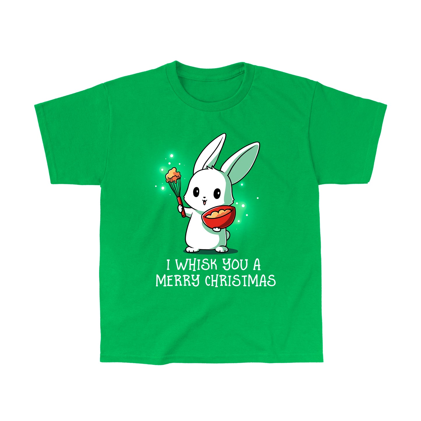 Classic Cotton T-shirt_TeeTurtle I Whisk You a Merry Christmas irish green t-shirt featuring a bunny holding a bowl and whisk with a holiday pun beneath it.