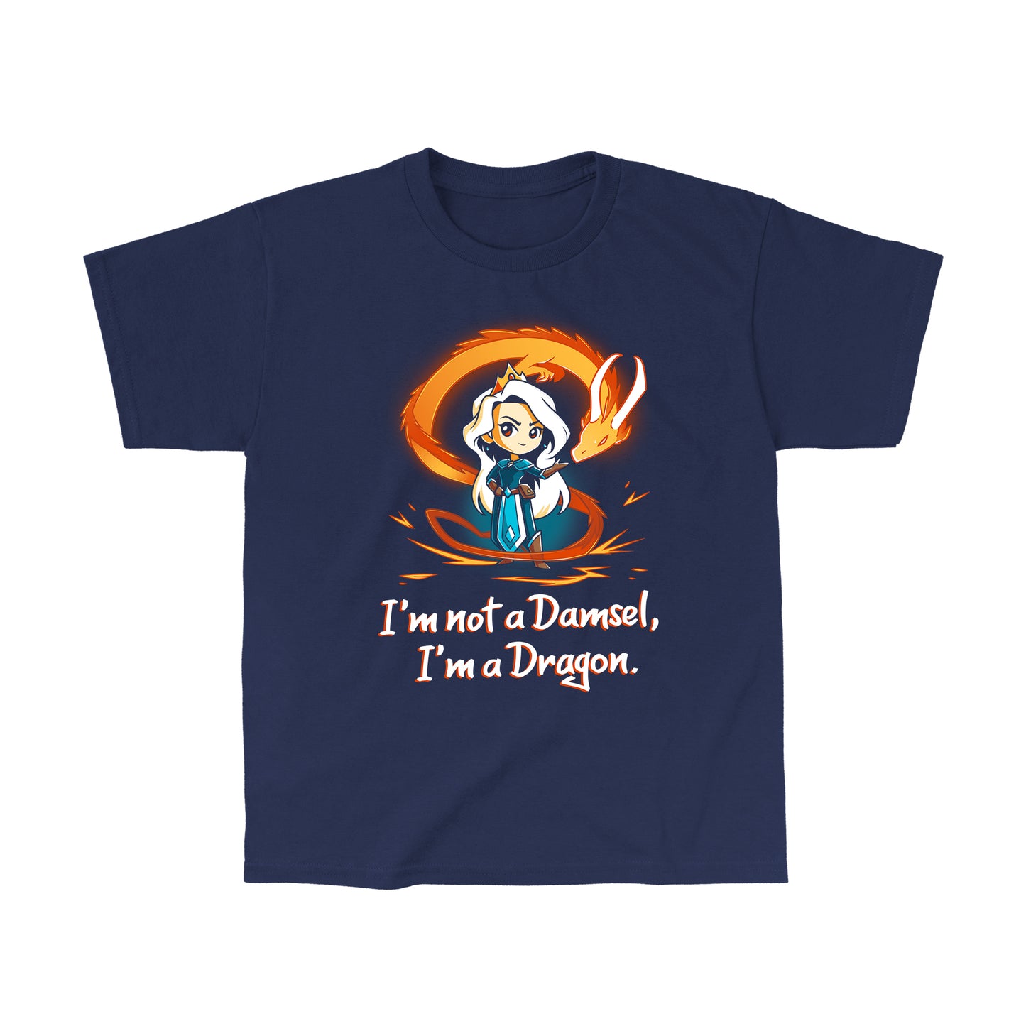 Classic Cotton T-shirt_TeeTurtle I'm Not a Damsel, I'm a Dragon navy blue t-shirt featuring a confident female fantasy character in a crown with an orange dragon behind and the text "I'm not a Damsel, I'm a Dragon."