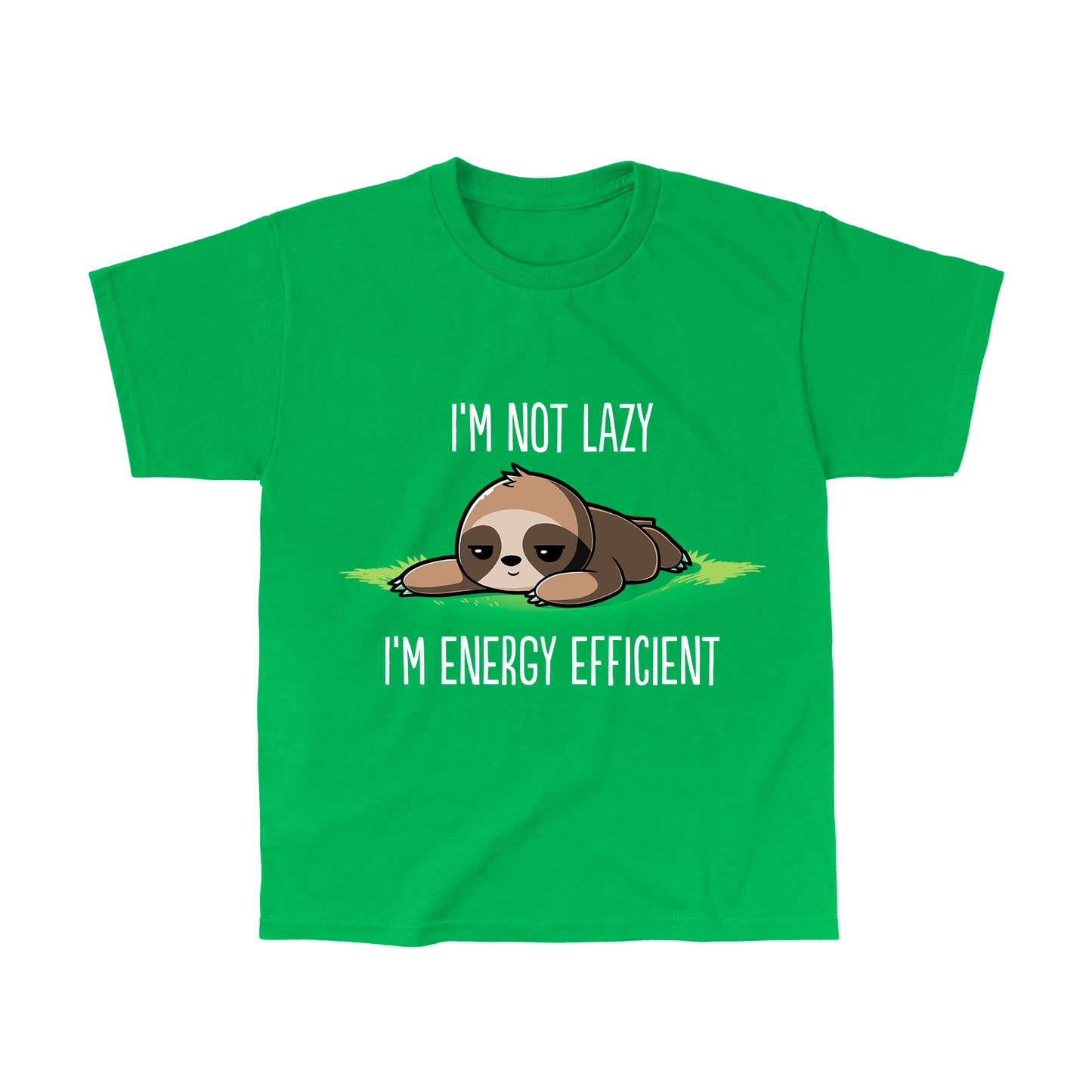Classic Cotton T-shirt_TeeTurtle I'm Energy Efficient irish green t-shirt featuring a sleepy sloth lying on the ground.