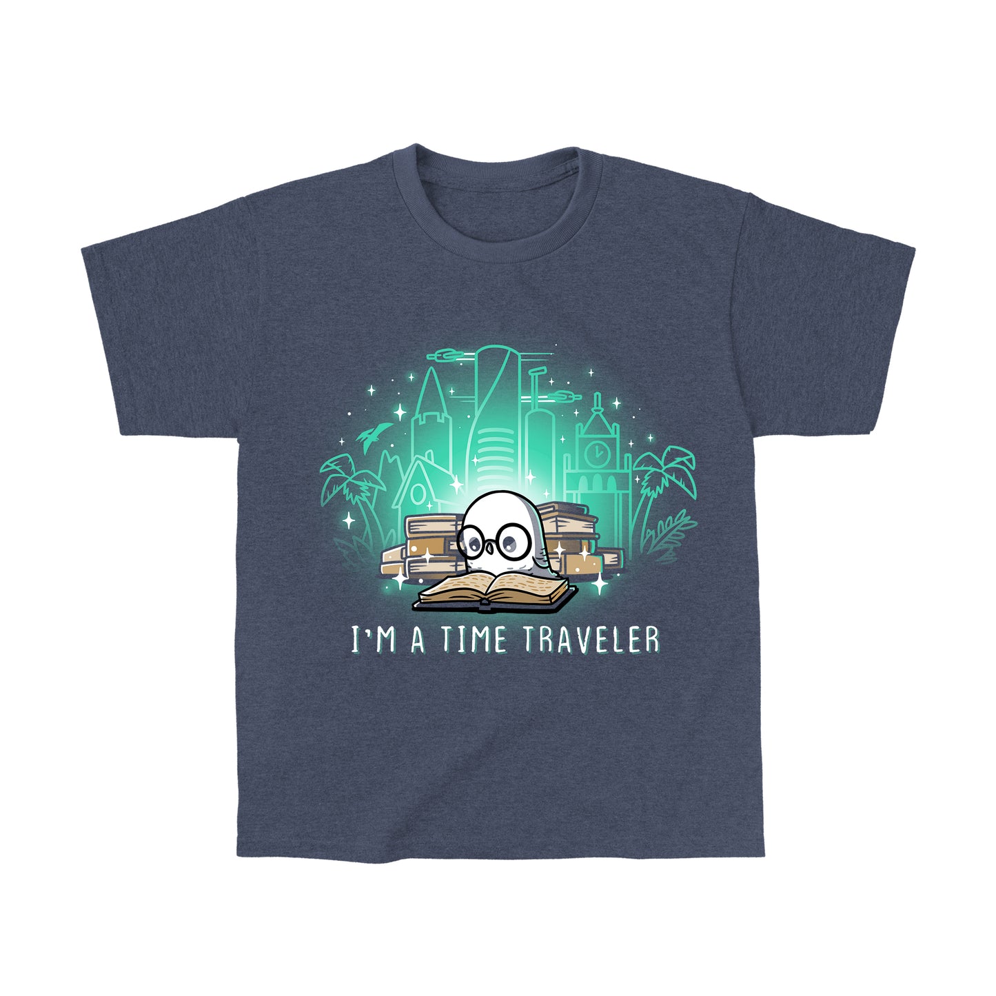 Classic Cotton T-shirt_Teeturtle I'm a Time Traveler Heather Navy Featuring a cute, glasses-wearing owl reading a book with a stack of books behind them with images of all the different time periods rising from those books and 'I'm a Time Traveler' written below.
