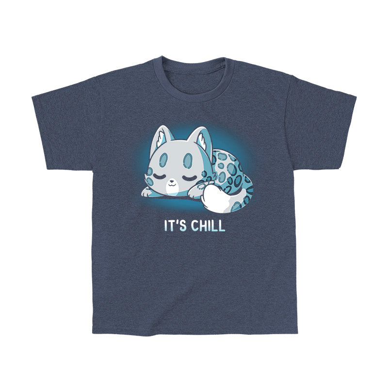 Classic Cotton T-shirt_TeeTurtle heather navy It's Chill apparel featuring a snow leopard curled up with its eyes closed.
