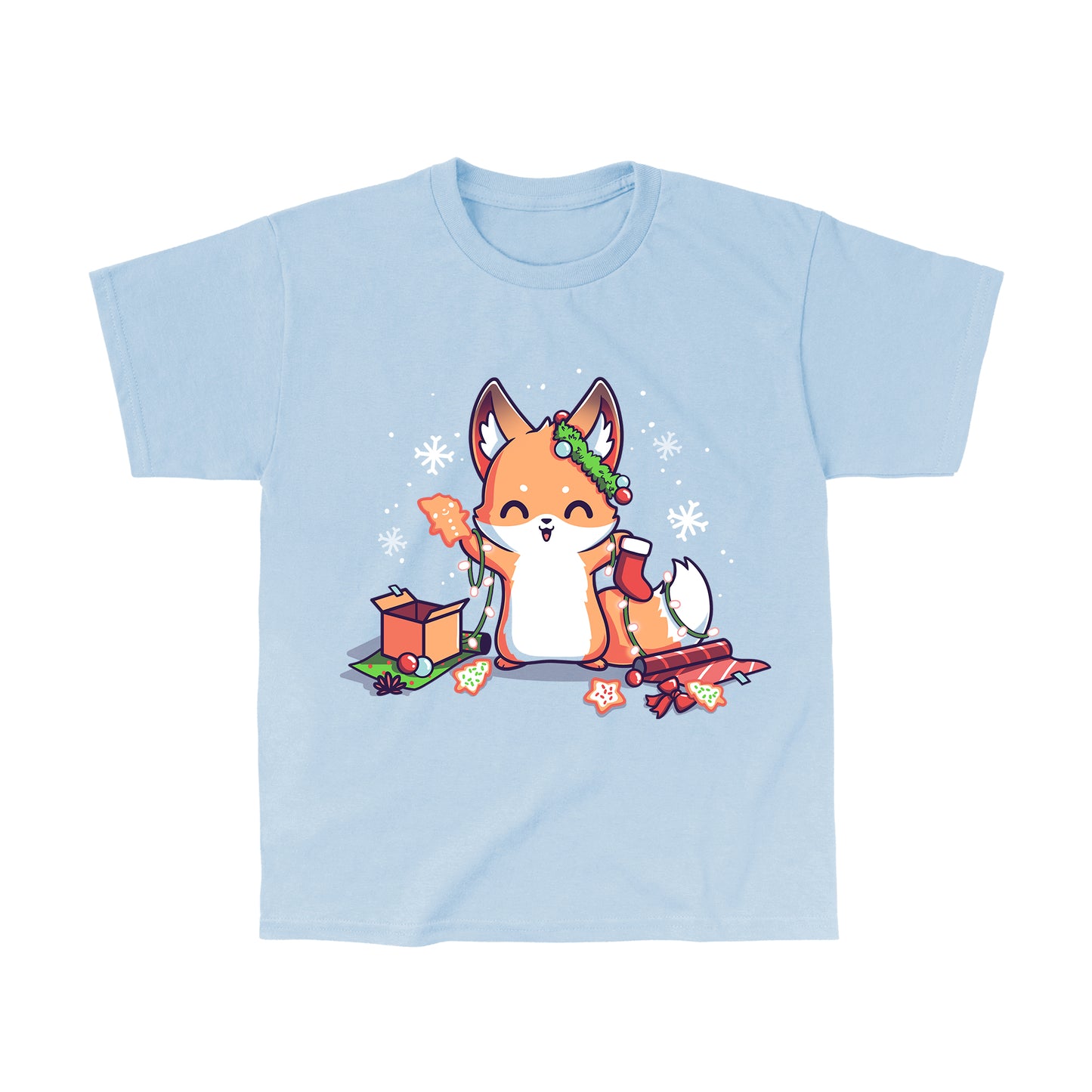 Classic Cotton T-shirt_TeeTurtle It's That Time of Year light blue t-shirt featuring a cheerful fox with green garland around its left ear surrounded by snowflakes and holding a red holiday stocking in one hand a Christmas cookie and a string of lights in the other. On the floor is red gift wrap, a red bow, Christmas cookies and a brown box on top of green gift wrap.