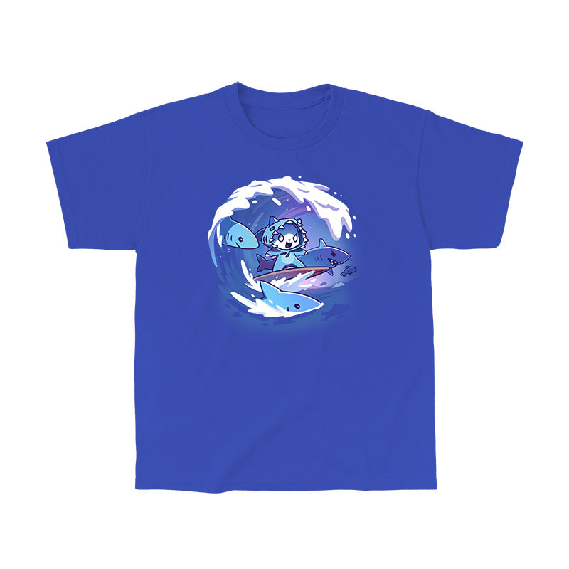 Classic Cotton T-shirt_TeeTurtle royal blue Jaw-some Waves apparel featuring a cat in a shark costume surfing on a large wave with sharks leaping among the surrounding waves.