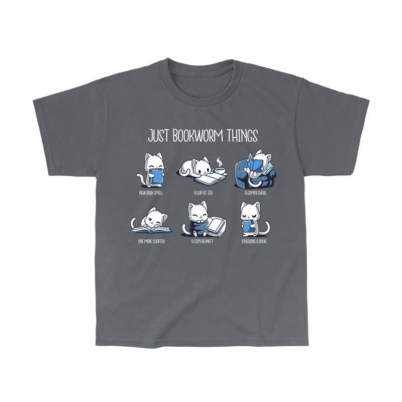 Classic Cotton T-shirt_TeeTurtle Just Bookworm Things charcoal grey t-shirt featuring cat characters enjoying different aspects of reading.