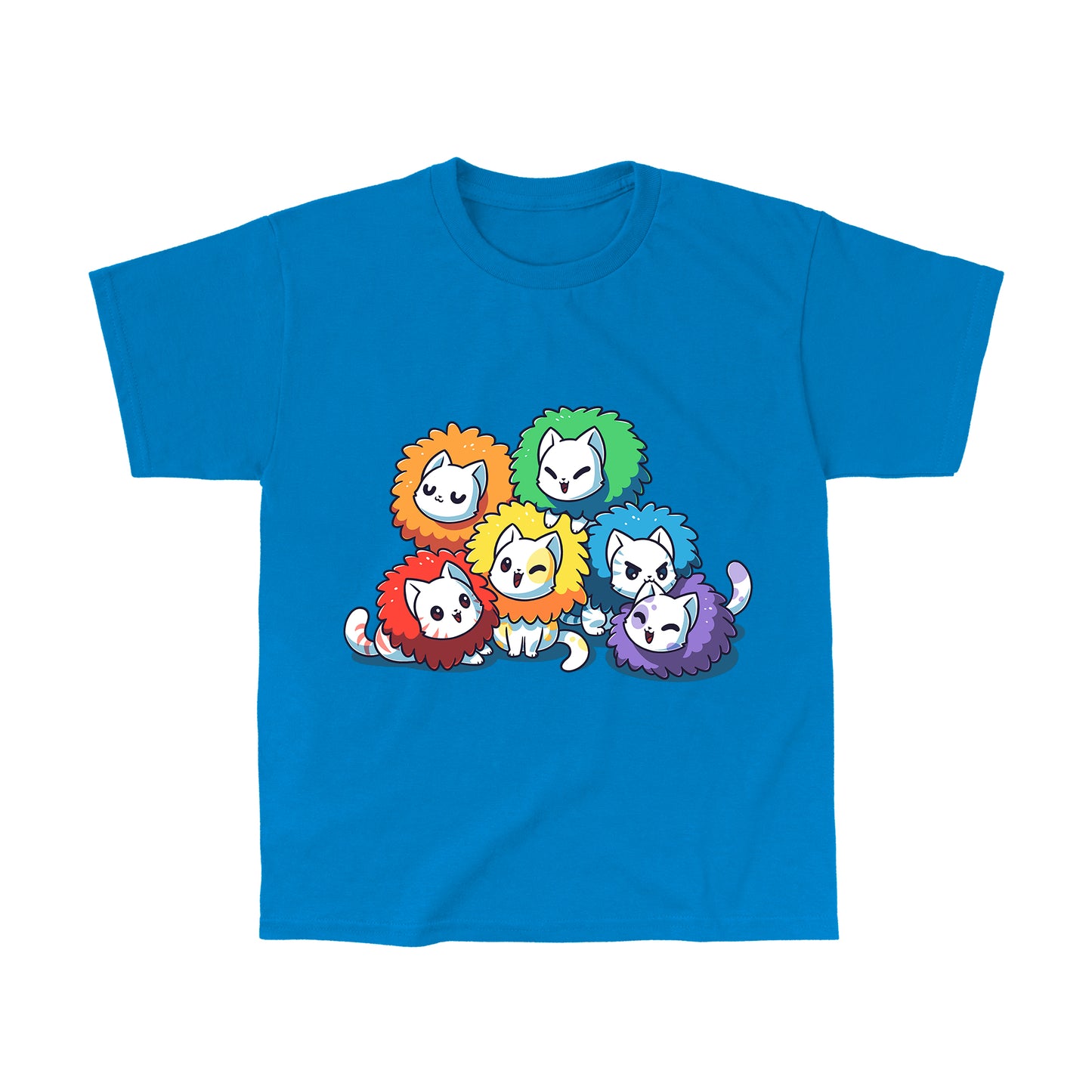 Classic Cotton T-shirt_TeeTurtle sapphire blue Kitten Pride apparel featuring white kittens with manes in different colors of the rainbow.