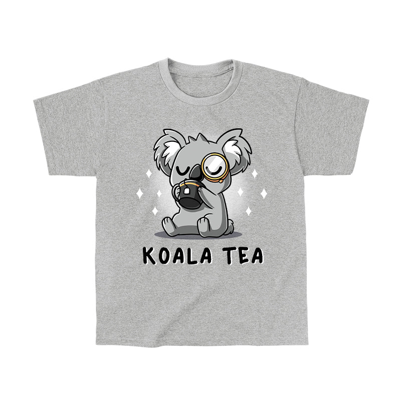 Classic Cotton T-shirt_TeeTurtle Koala Tea heather gray t-shirt featuring a dignified Koala wearing a monocle sipping tea from a mug.
