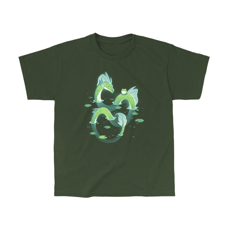Classic Cotton T-shirt_TeeTurtle forest green Lagoon Dragon apparel featuring an artistic dragon in a lagoon with lily pads around it and a frog sitting on it's back.