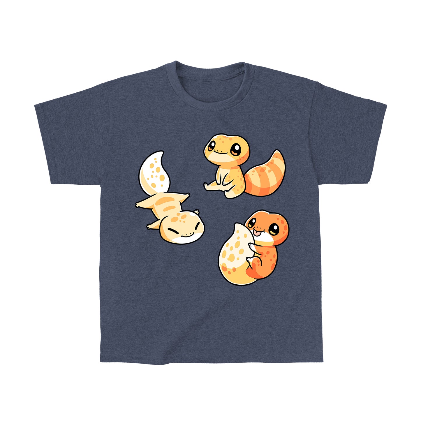 Classic Cotton T-shirt_TeeTurtle Lil Geckos heather navy blue t-shirt featuring three Lil' Geckos with varying yellow and orange patterns, sitting.