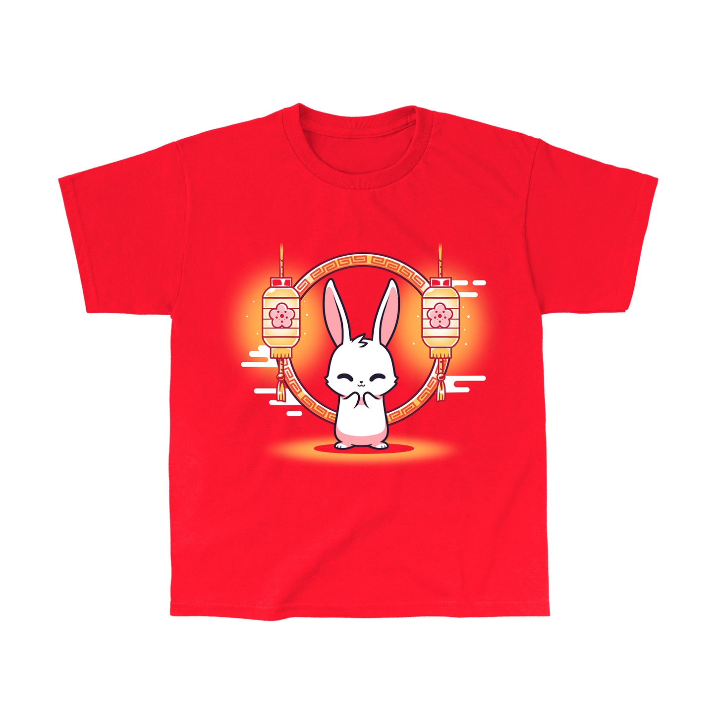 Classic Cotton T-shirt_TeeTurtle Lunar New Year Bunny red t-shirt featuring a cheerful white bunny in front of lunar new year themed lanterns.
