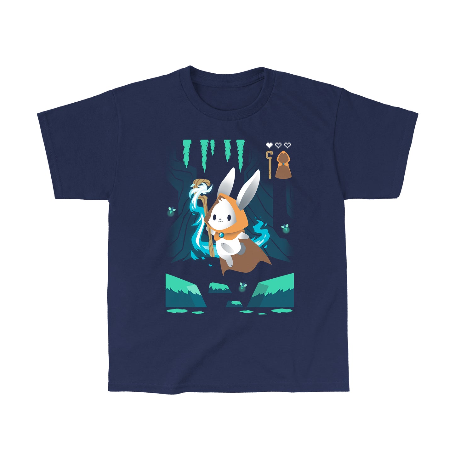 Classic Cotton T-shirt_TeeTurtle Mage Class navy blue t-shirt featuring an adventurous magical bunny holding a staff and skipping across a river and surrounded by fireflies.