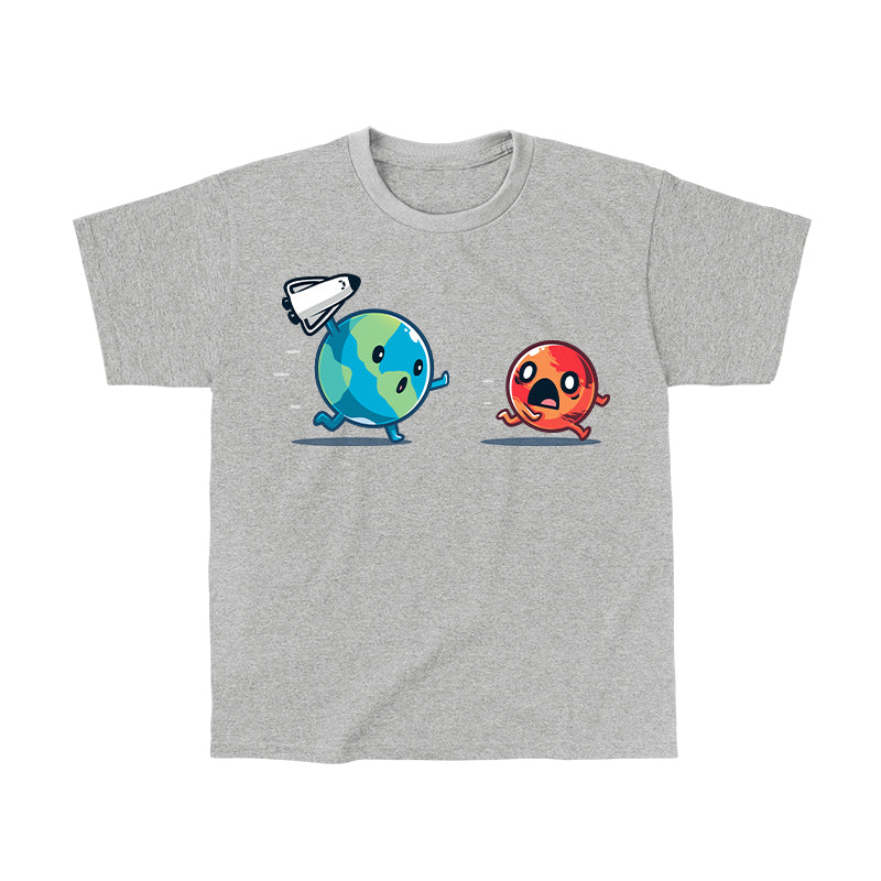 Classic Cotton T-shirt_TeeTurtle Mars Invasion heather gray t-shirt featuring an animated planet Earth holding a toy spaceship chasing an animated planet Mars planet who screams in space.