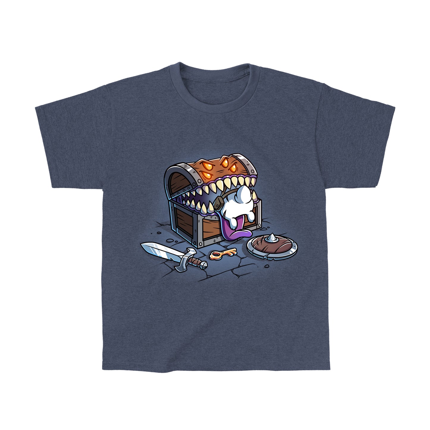 Classic Cotton T-shirt_TeeTurtle heather navy Mimic Chest apparel featuring a cat stuck inside a mimic chest with its mouth open showing lots of teeth, and a sword, shield, and key on the ground in a dungeon.