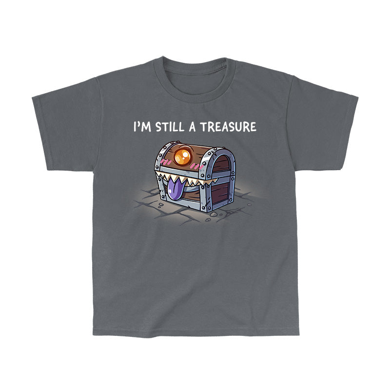 Classic Cotton T-shirt_TeeTurtle charcoal gray I'm Still a Treasure apparel featuring a mimic happily smiling with its tongue out.