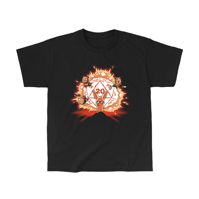 Classic Cotton T-shirt_TeeTurtle Critical Hit black t-shirt featuring a cool bunny with an exploding D20 behind them.