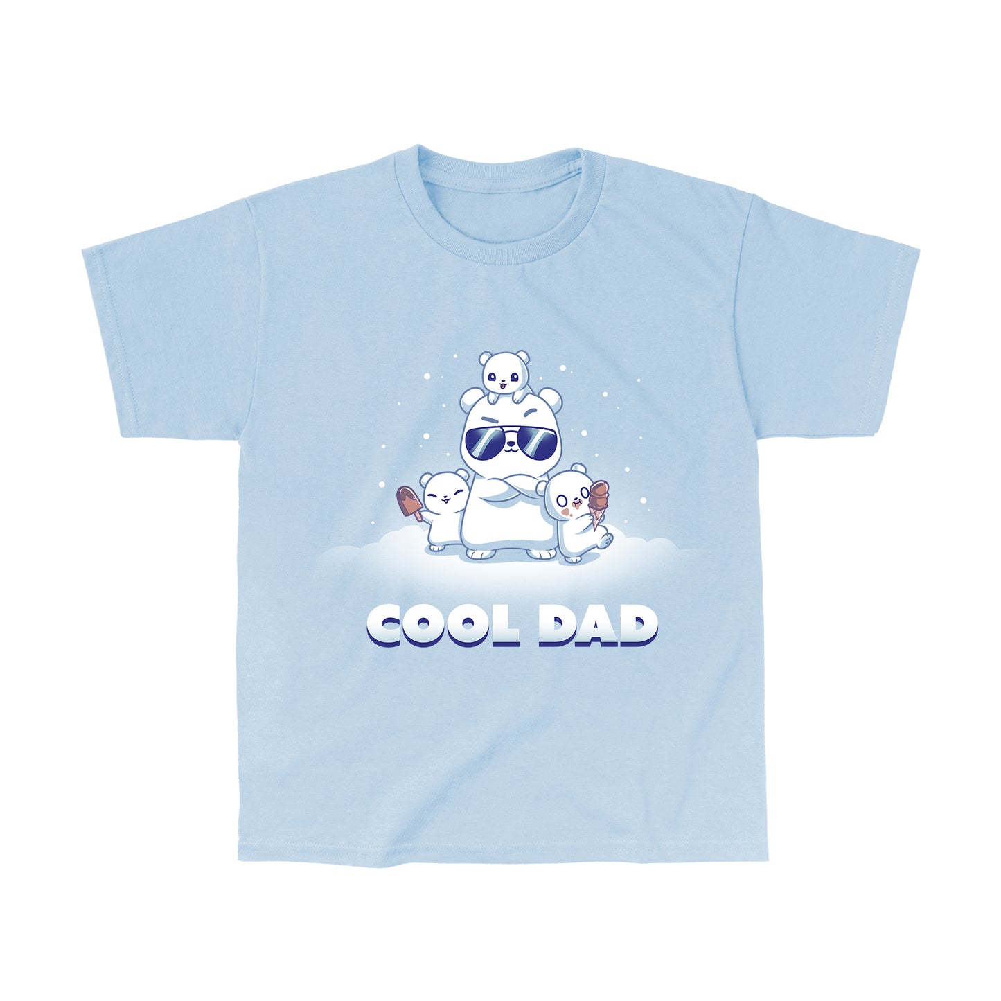 Classic Cotton T-shirt_TeeTurtle light blue Cool Dad (Polar Bear) apparel featuring a dad polar bear with sunglasses and his arms crossed, two of his cubs holding frozen desserts, one cub perched on top of his head with snow falling around them, and the caption, "Cool Dad".