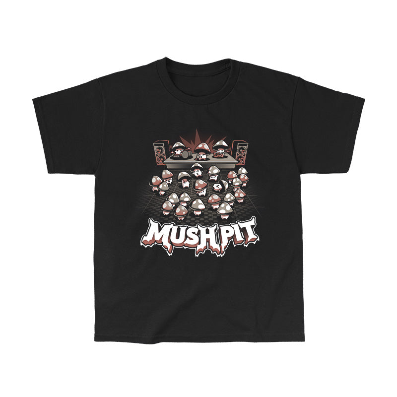 Classic Cotton T-shirt_TeeTurtle Mush Pit black t-shirt featuring a mushroom band playing in front of a bunch of dancing mushrooms.