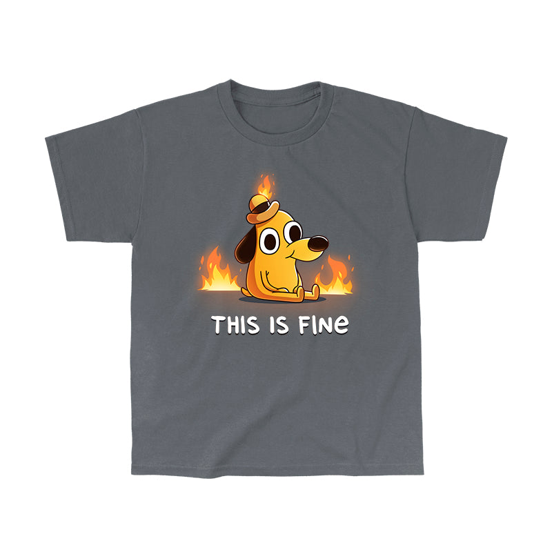 Classic Cotton T-shirt_TeeTurtle charcoal gray This Is Fine (Question Hound) Classic Cotton T-shirt featuring the iconic orange dog with a little hat and a forced smile from KC Green's comics, surrounded by fire, with the words "This Is Fine" below it.