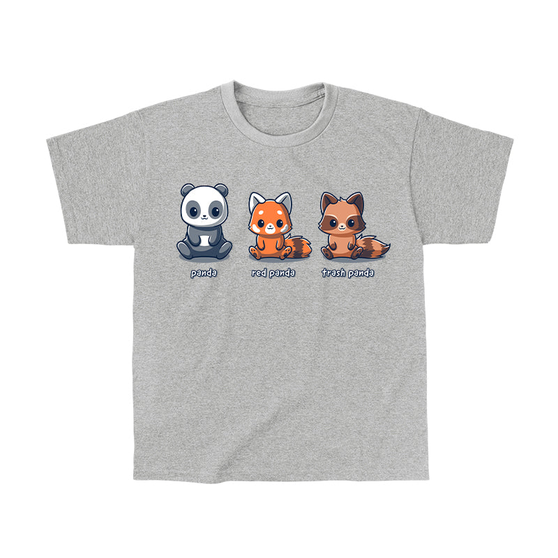 Classic Cotton T-shirt_TeeTurtle Panda, Red Panda, Trash Panda heather gray t-shirt featuring a panda, red panda, and raccoon sitting next to each other.
