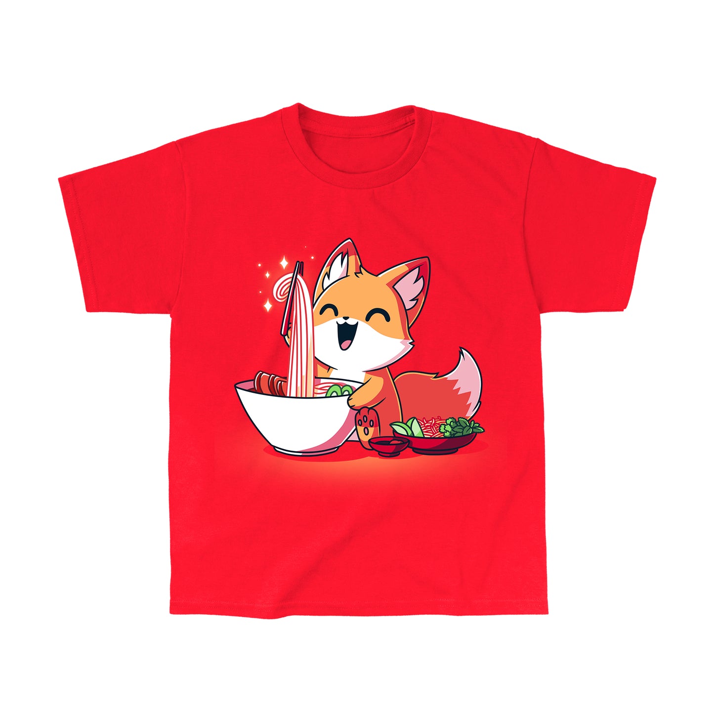Classic Cotton T-shirt_TeeTurtle Pho Fox red t-shirt featuring a happy fox eating a bowl of pho noodles.