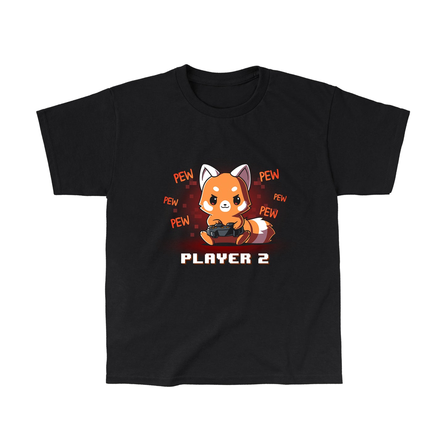 Classic Cotton T-shirt_Teeturtle black Player 2 Red Panda apparel featuring a red panda holding a game controller with "PEW PEW PEW" written around it. The text "PLAYER 2" is at the bottom.