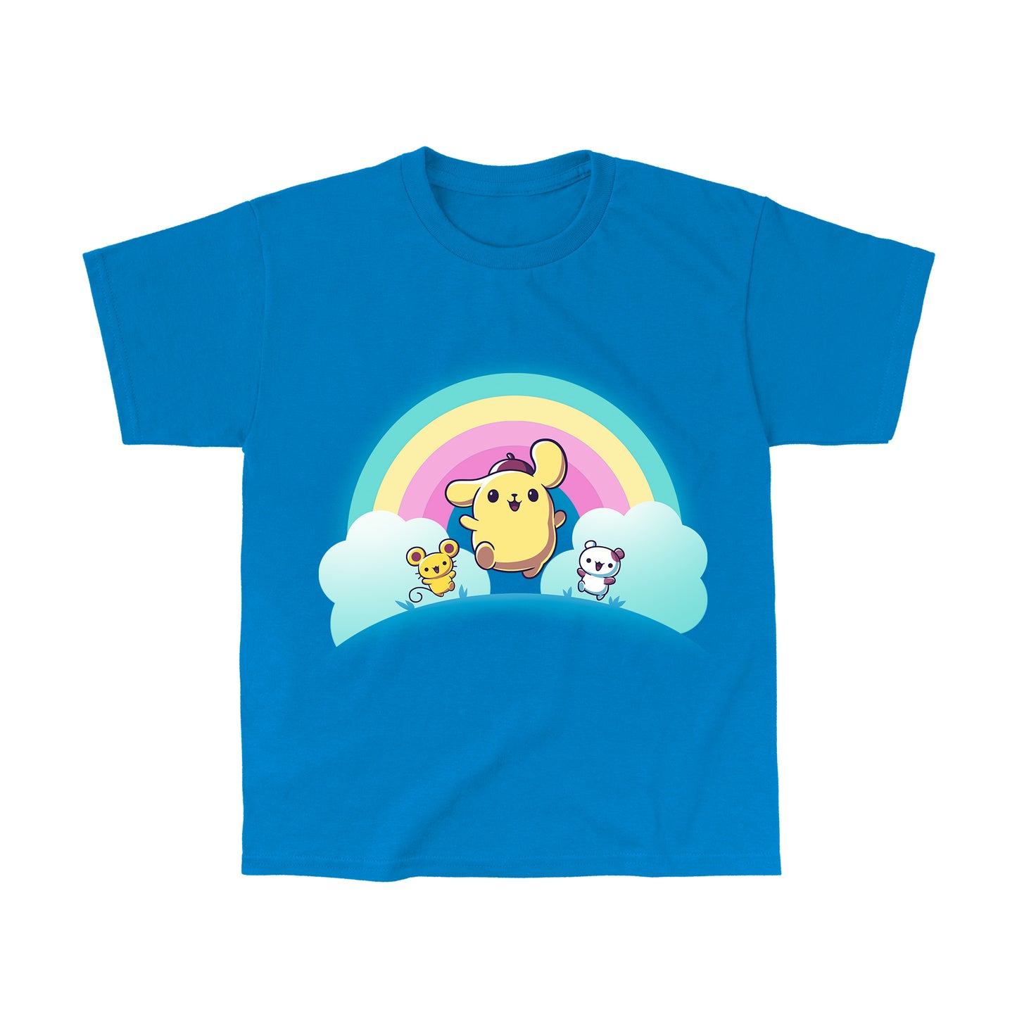 Classic Cotton T-shirt_TeeTurtle sapphire blue Pompompurin, Scone, and Muffin apparel featuring Pompompurin, Scone, and Muffin skipping on a field with a rainbow that has clouds at its ends in the background.