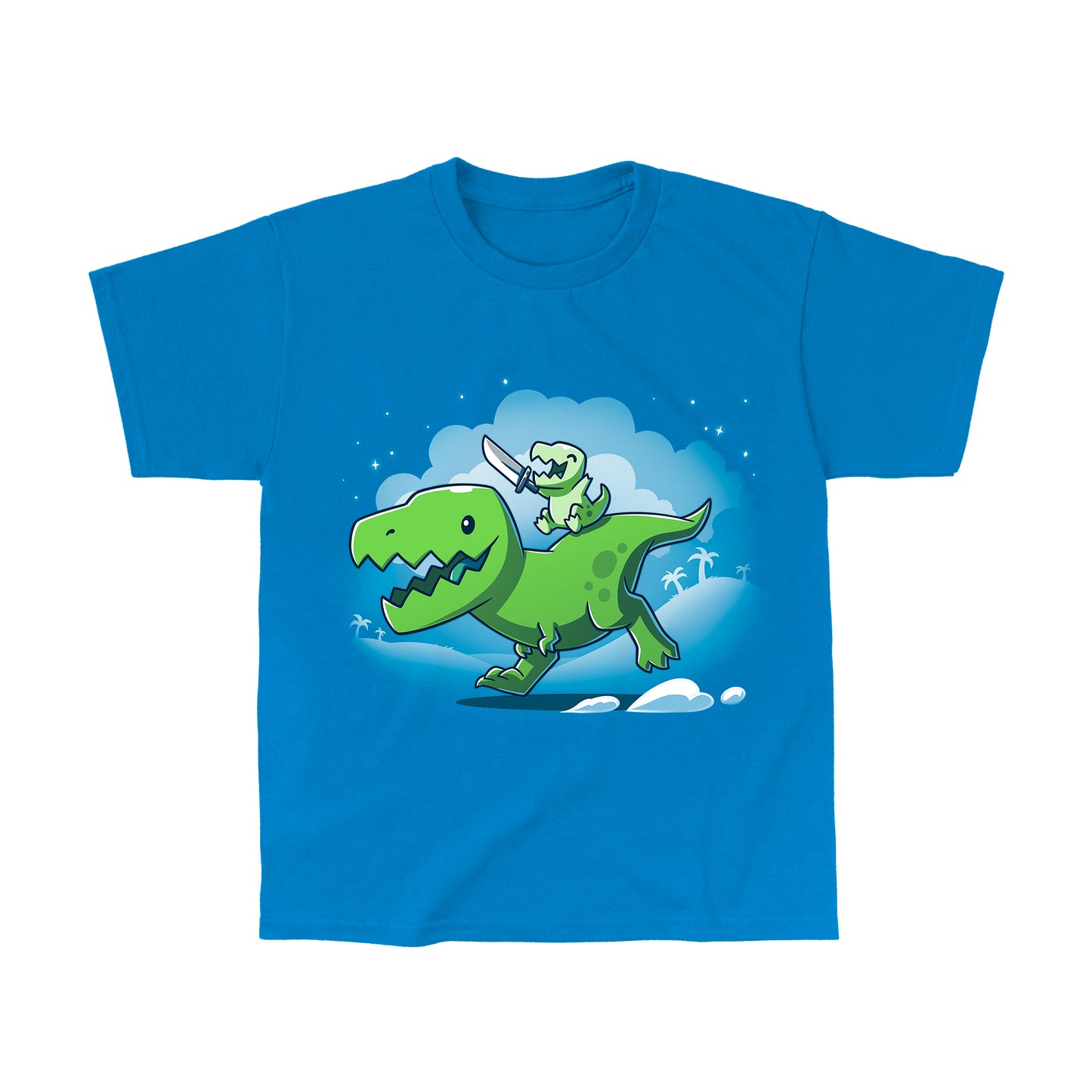 Classic Cotton T-shirt_Teeturtle Prehistoric Playtime Sapphire Blue Featuring a cartoon T-Rex giving a piggy-back ride to their child who's happily waving around a toy sword.