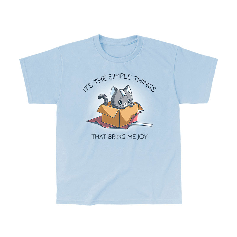 Classic Cotton T-shirt_TeeTurtle light blue Purr Box of Joy apparel featuring a gray cat in an unwrapped box with wrapping paper and ribbons, and the caption, “It’s the Simple Things That Bring Me Joy“.