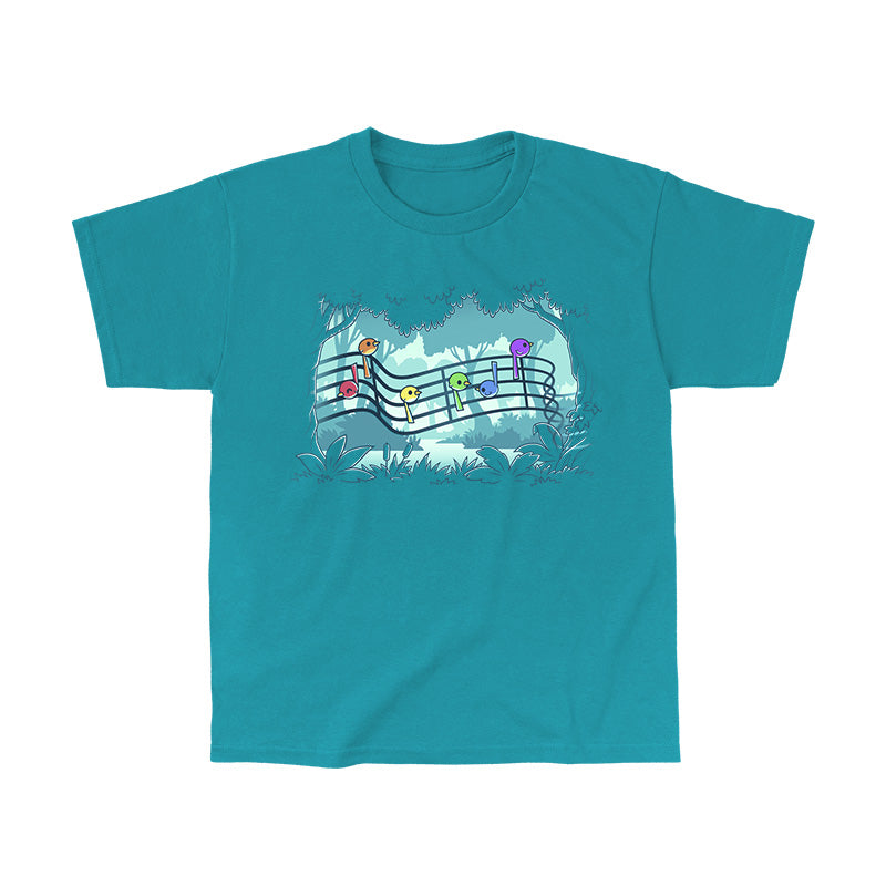 Classic Cotton T-shirt_TeeTurtle tropical blue Rainbow Song Birds apparel featuring song birds in various colors perched on a musical staff with a forest in the background.