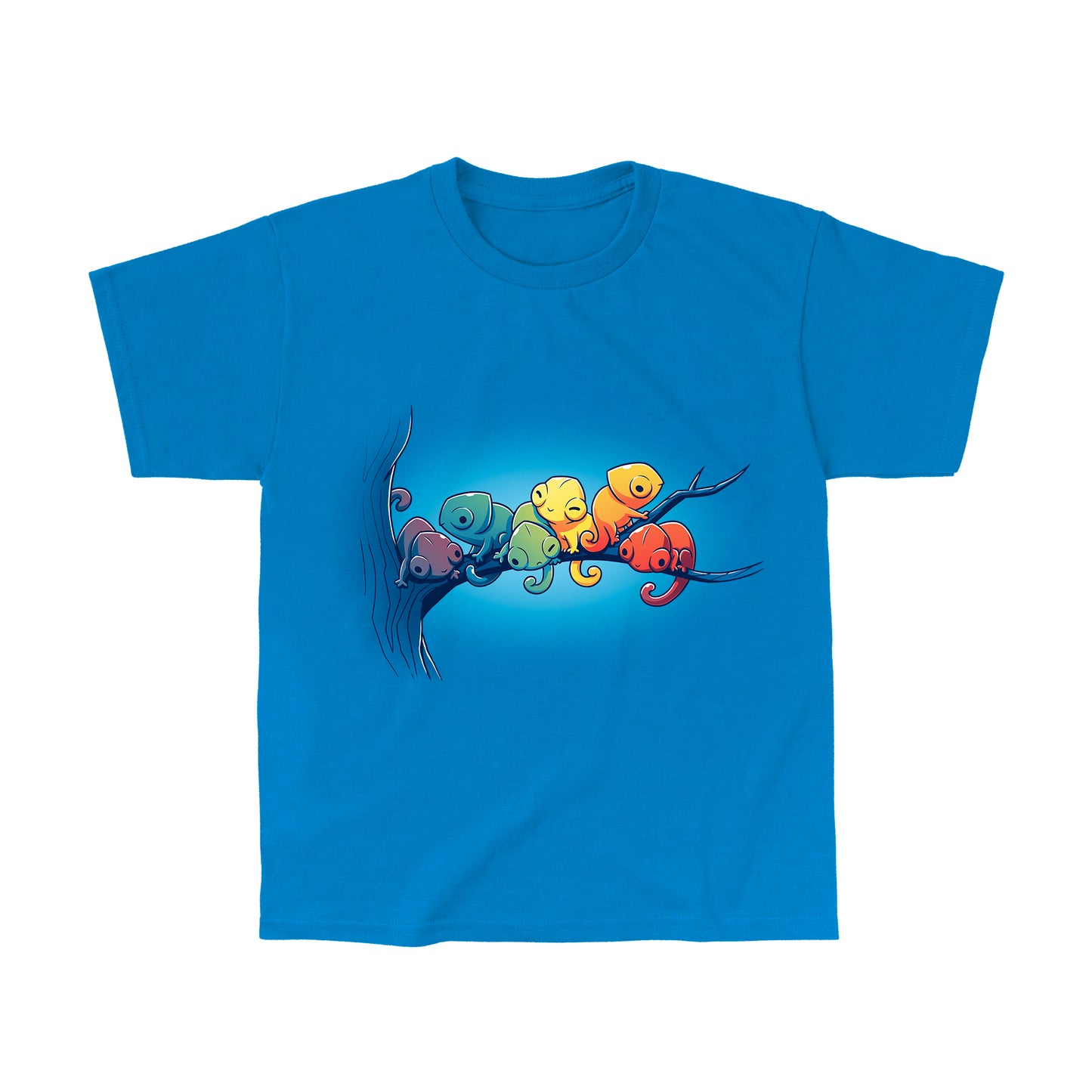Classic Cotton T-shirt_Teeturtle Rainbow Chameleons Sapphire Blue Featuring a group of six chameleons relaxing on a tree branch, each a different color.