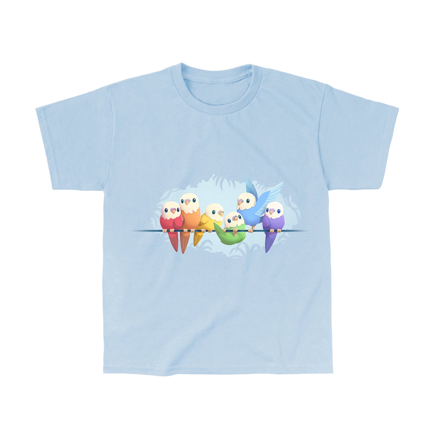 Classic Cotton T-shirt_TeeTurtle light blue Rainbow Parakeets apparel featuring a flock of parakeets on a brand in different colors of the rainbow.