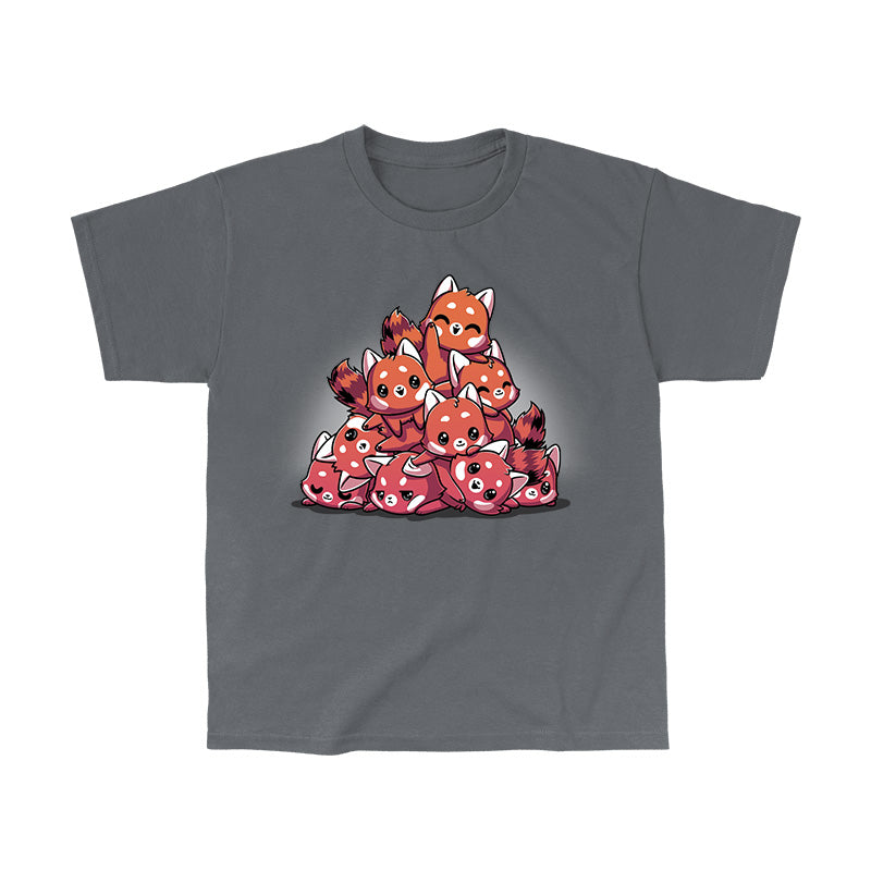 Classic Cotton T-shirt_TeeTurtle Red Panda Pile Charcoal Gray t-shirt featuring a pile of 9 red pandas of looking playful with one on top waving a paw and smiling.