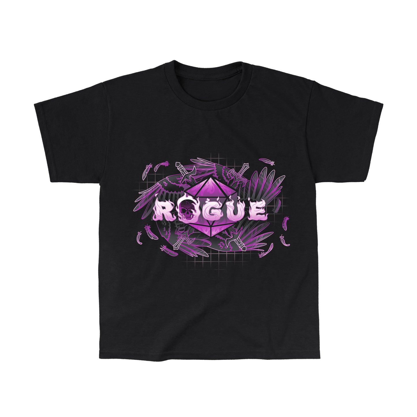 Classic Cotton T-shirt_TeeTurtle Rogue Class black t-shirt featuring an artistic "Rogue" word in front of a D20 with swords going through it surrounded by angel wings.