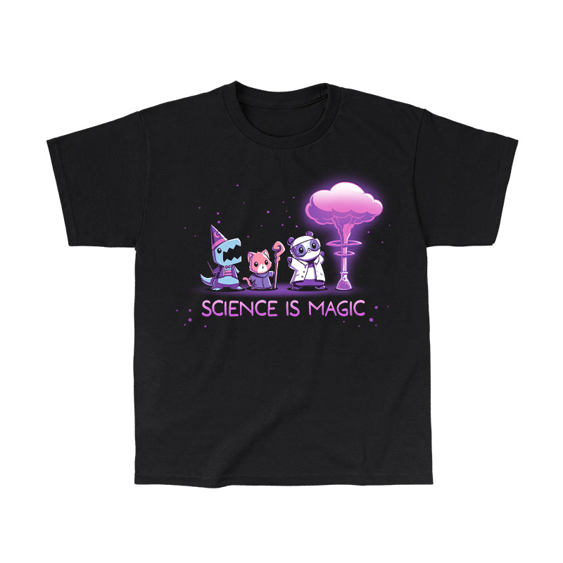 Classic Cotton T-shirt_TeeTurtle Science is Magic black t-shirt featuring a shark in a wizard costume, a red panda with a magic staff, and a panda in a lab coat who observe purple smoke emerging from a flask next to them. Text below reads "Science is Magic".